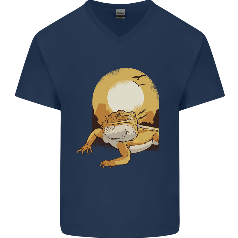 A Bearded Dragon in the Desert Sun Mens V-Neck Cotton T-Shirt Navy Blue