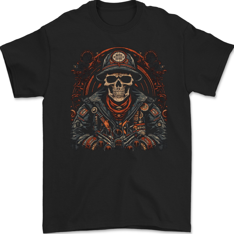 a black t - shirt with a skull wearing a fireman's helmet