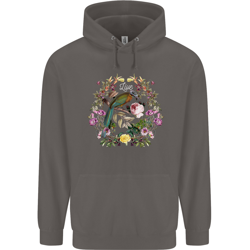 A Bird and Flower Wreath Mens 80% Cotton Hoodie Charcoal
