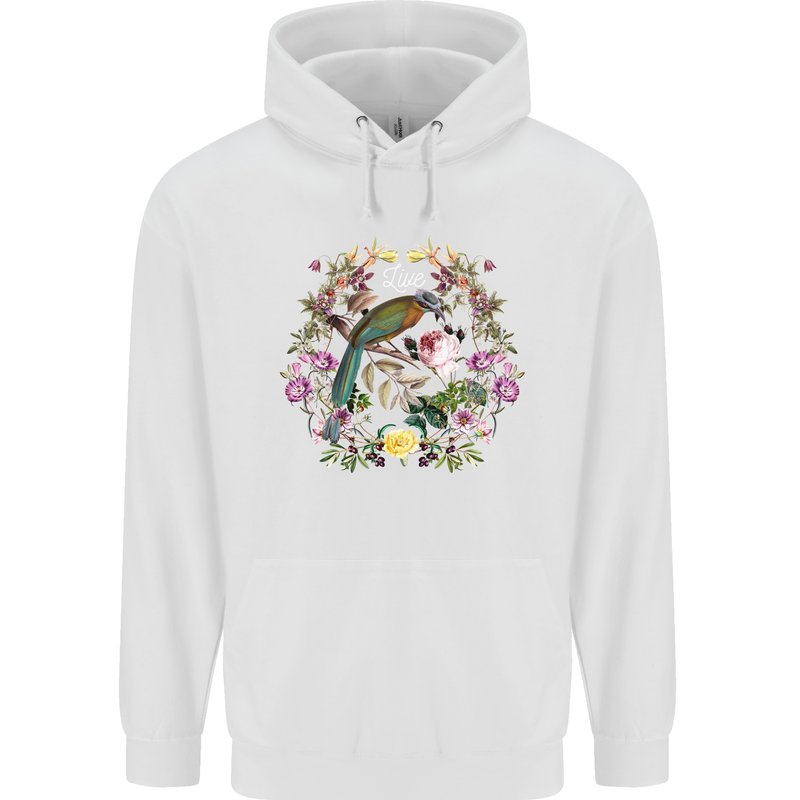 A Bird and Flower Wreath Mens 80% Cotton Hoodie White