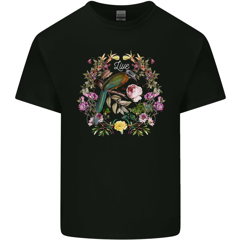 A Bird and Flower Wreath Mens Cotton T-Shirt Tee Top Black