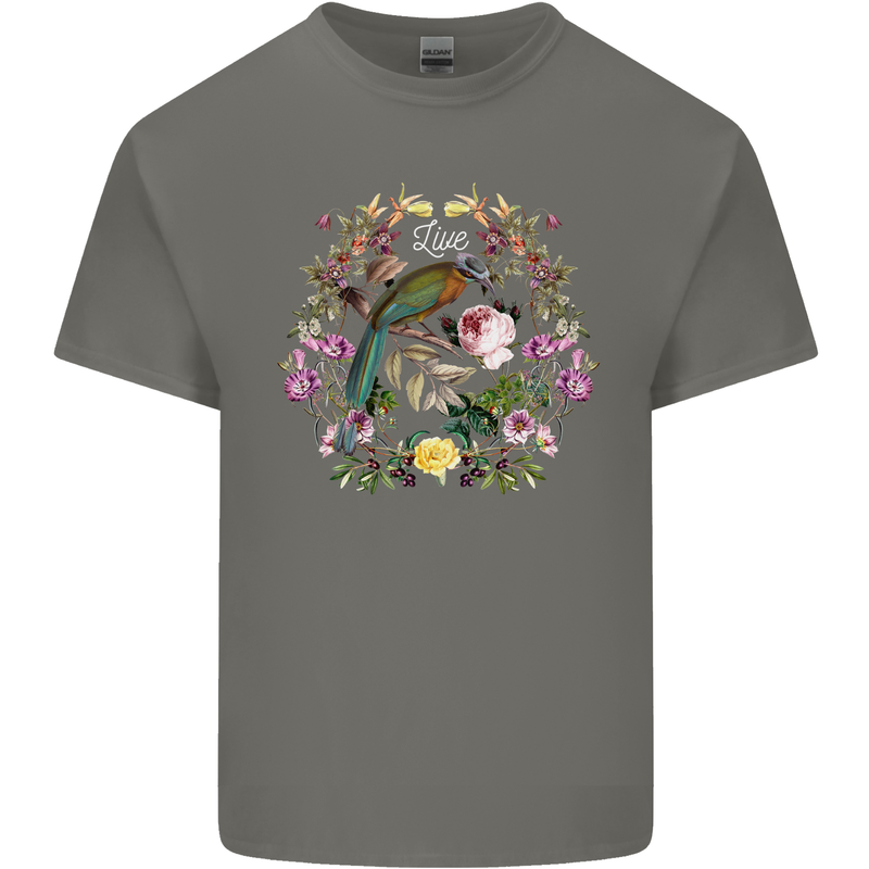 A Bird and Flower Wreath Mens Cotton T-Shirt Tee Top Charcoal