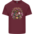 A Bird and Flower Wreath Mens Cotton T-Shirt Tee Top Maroon