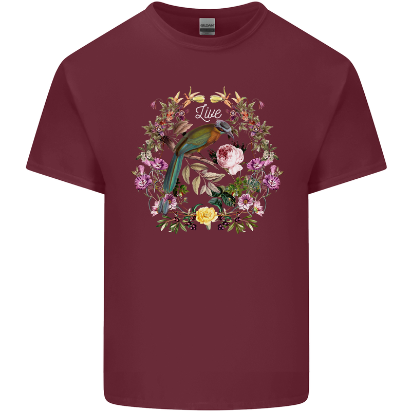 A Bird and Flower Wreath Mens Cotton T-Shirt Tee Top Maroon