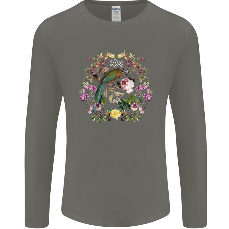 A Bird and Flower Wreath Mens Long Sleeve T-Shirt Charcoal