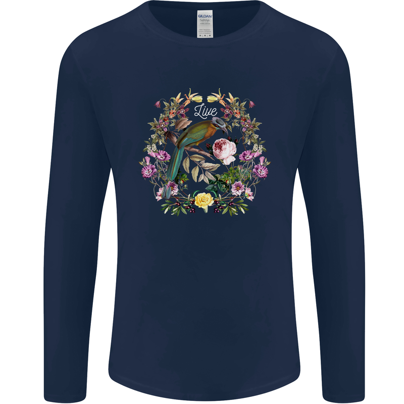 A Bird and Flower Wreath Mens Long Sleeve T-Shirt Navy Blue