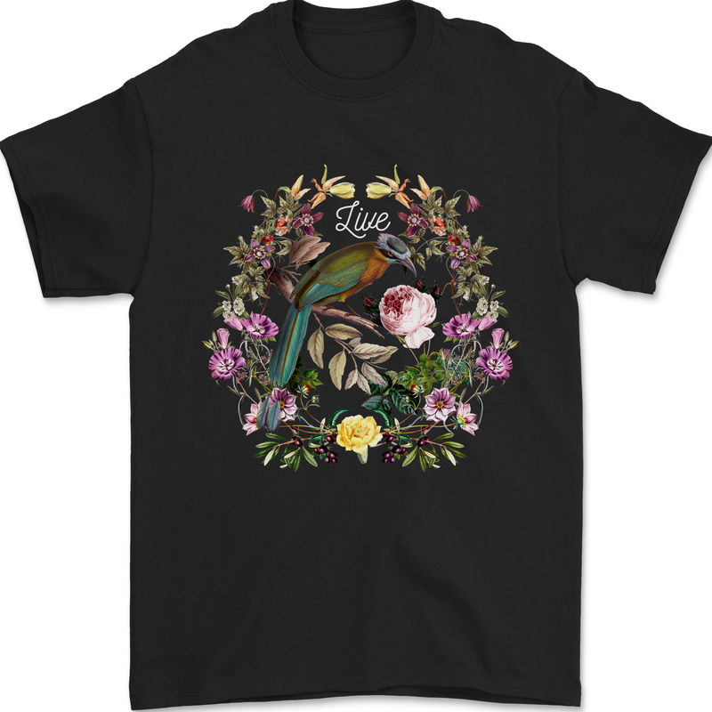 A Bird and Flower Wreath Mens T-Shirt 100% Cotton Black