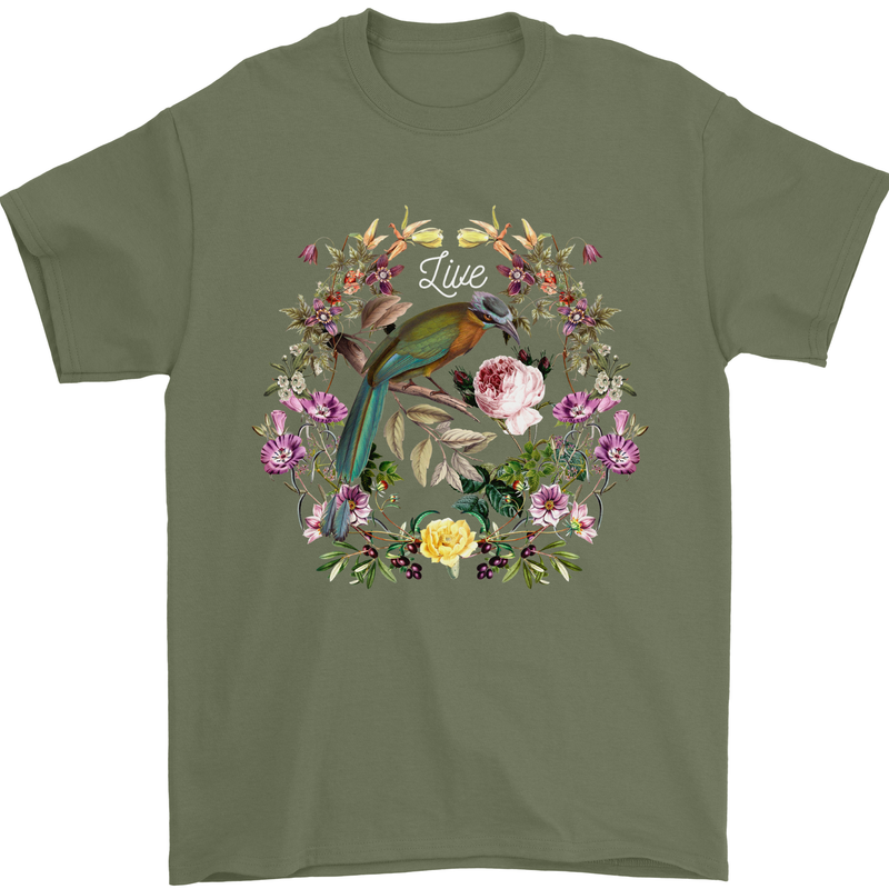 A Bird and Flower Wreath Mens T-Shirt 100% Cotton Military Green