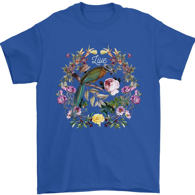 A Bird and Flower Wreath Mens T-Shirt 100% Cotton Royal Blue