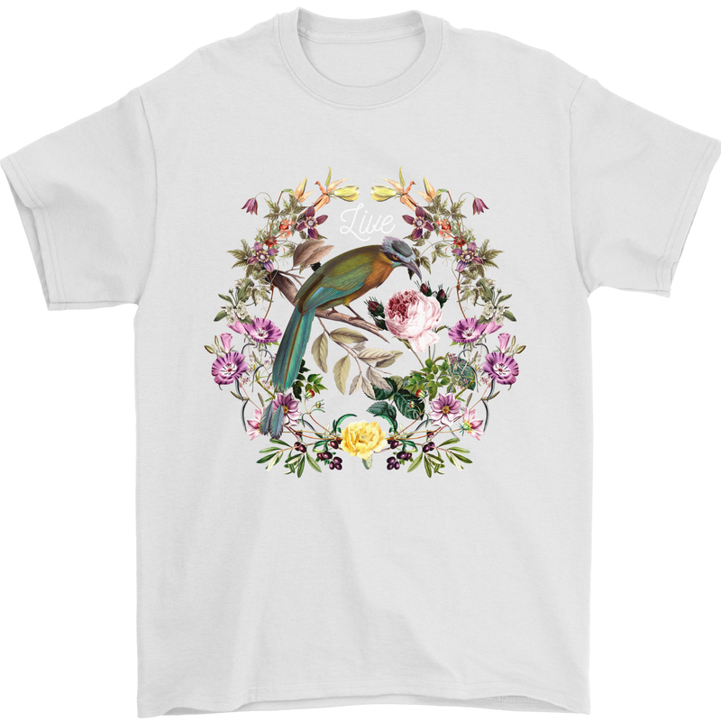 A Bird and Flower Wreath Mens T-Shirt 100% Cotton White