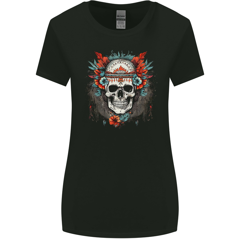 A Bohemian Style Tribal Skull Womens Wider Cut T-Shirt Black