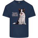 A Border Collie Dog Illustration Mens Cotton T-Shirt Tee Top Navy Blue