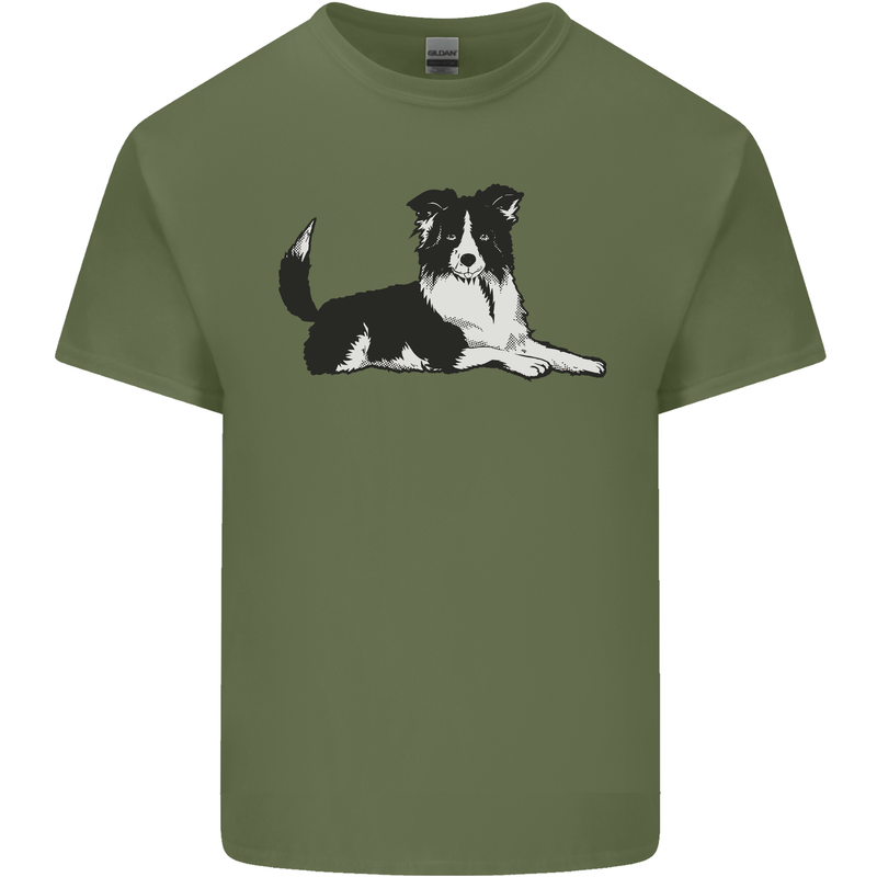 A Border Collie Dog Lying Down Mens Cotton T-Shirt Tee Top Military Green