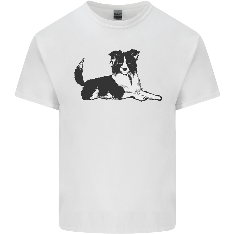 A Border Collie Dog Lying Down Mens Cotton T-Shirt Tee Top White