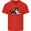 A Border Collie Dog Lying Down Mens V-Neck Cotton T-Shirt Red
