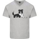 A Border Collie Dog Lying Down Mens V-Neck Cotton T-Shirt Sports Grey