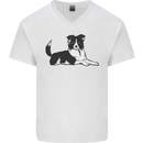 A Border Collie Dog Lying Down Mens V-Neck Cotton T-Shirt White