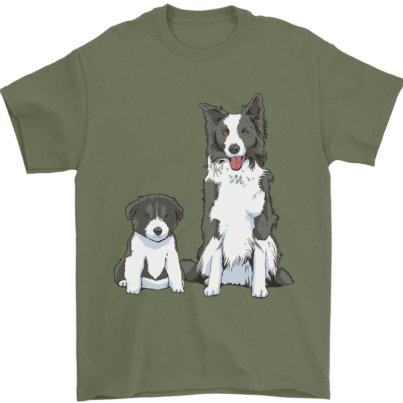 A Border Collie and Puppy Mens T-Shirt 100% Cotton Military Green
