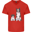 A Border Collie and Puppy Mens V-Neck Cotton T-Shirt Red