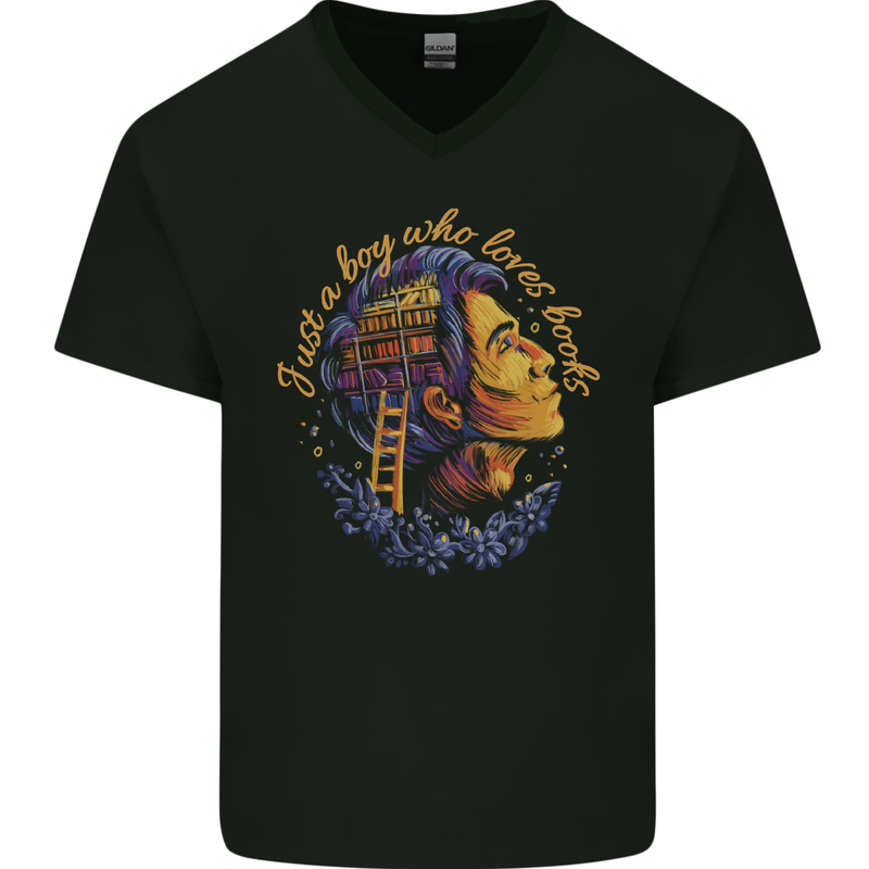 A Boy Who Loves Books Bookworm Reader Mens V-Neck Cotton T-Shirt Black