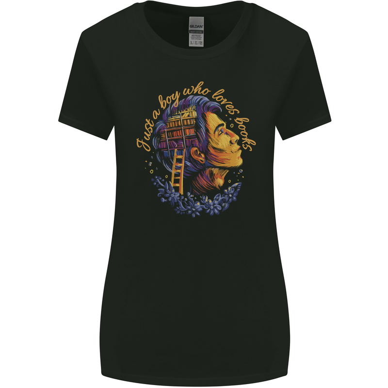 A Boy Who Loves Books Bookworm Reader Womens Wider Cut T-Shirt Black