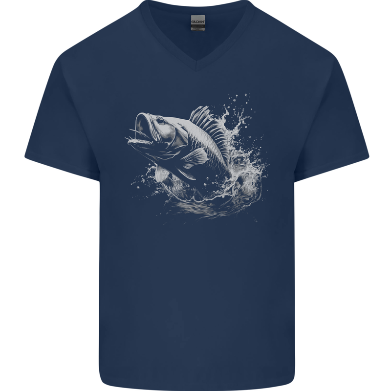 A Carp Fish Mens V-Neck Cotton T-Shirt Navy Blue