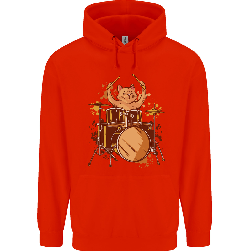 A Cat Drummer Drumming Childrens Kids Hoodie Bright Red