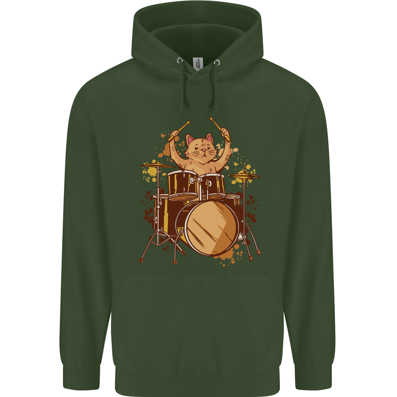 A Cat Drummer Drumming Childrens Kids Hoodie Forest Green