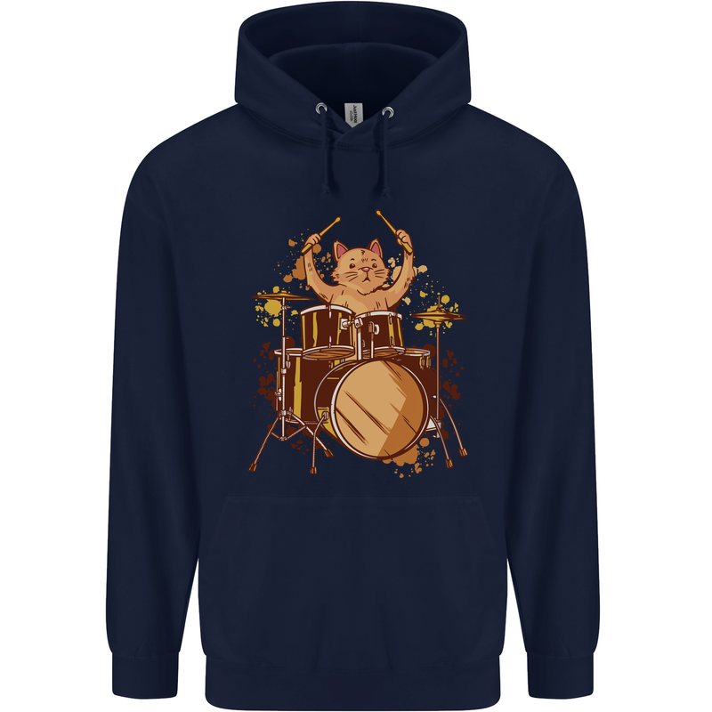 A Cat Drummer Drumming Childrens Kids Hoodie Navy Blue