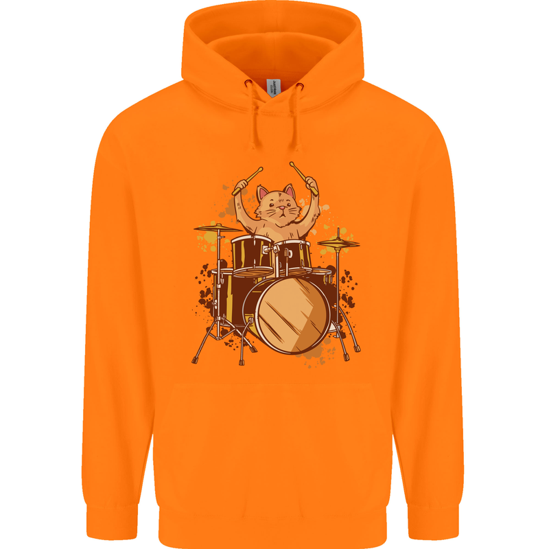 A Cat Drummer Drumming Childrens Kids Hoodie Orange