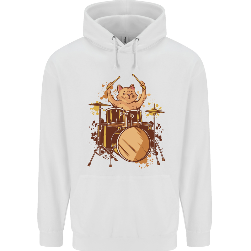 A Cat Drummer Drumming Childrens Kids Hoodie White