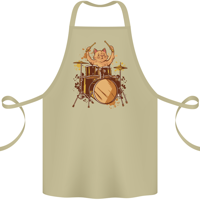 A Cat Drummer Drumming Cotton Apron 100% Organic Khaki