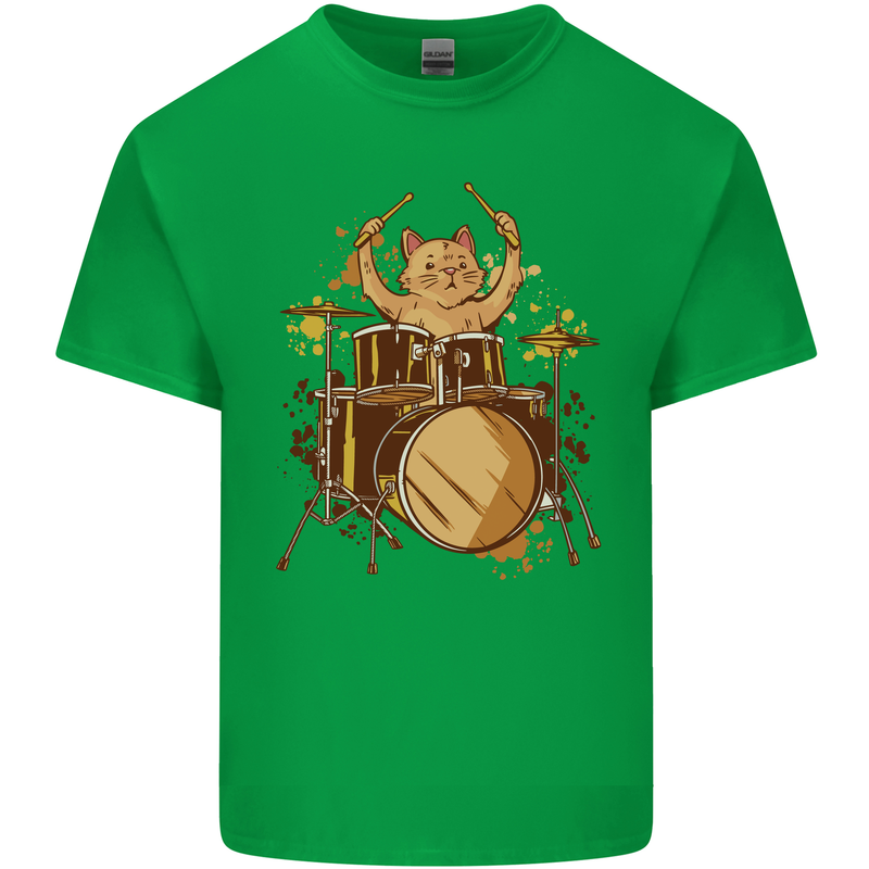 A Cat Drummer Drumming Mens Cotton T-Shirt Tee Top Irish Green