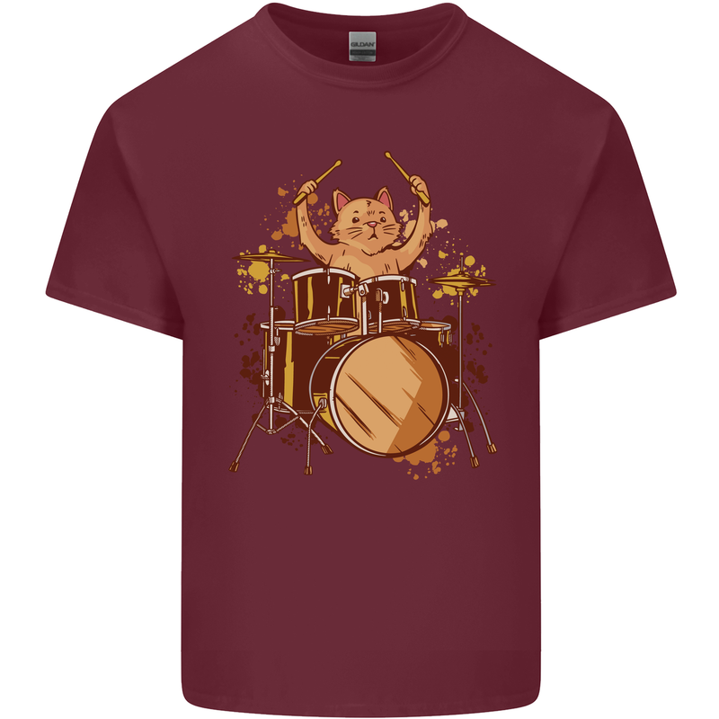 A Cat Drummer Drumming Mens Cotton T-Shirt Tee Top Maroon