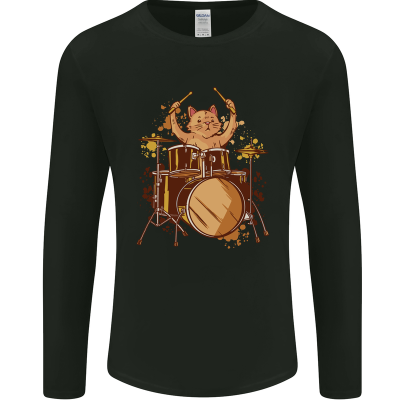 A Cat Drummer Drumming Mens Long Sleeve T-Shirt Black