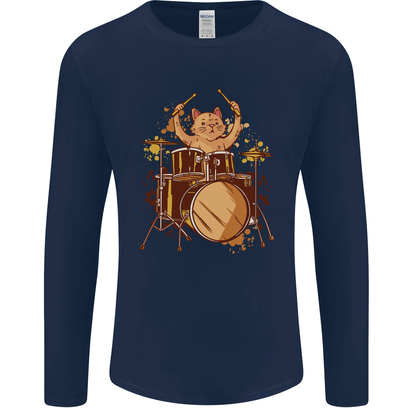 A Cat Drummer Drumming Mens Long Sleeve T-Shirt Navy Blue