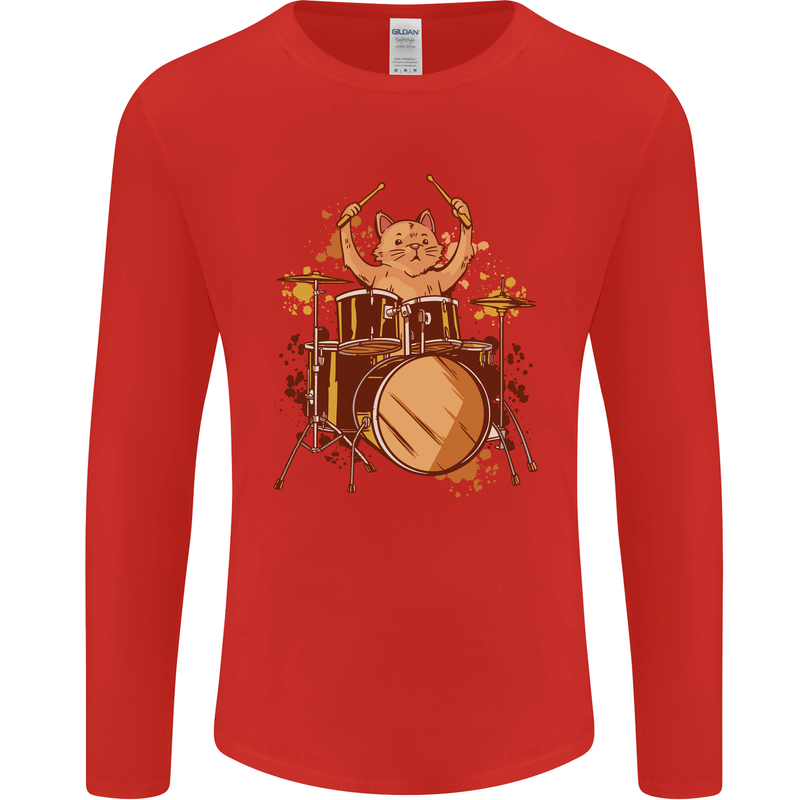 A Cat Drummer Drumming Mens Long Sleeve T-Shirt Red