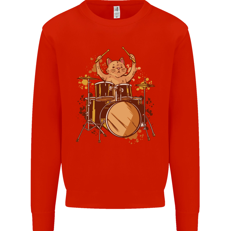 A Cat Drummer Drumming Mens Sweatshirt Jumper Bright Red