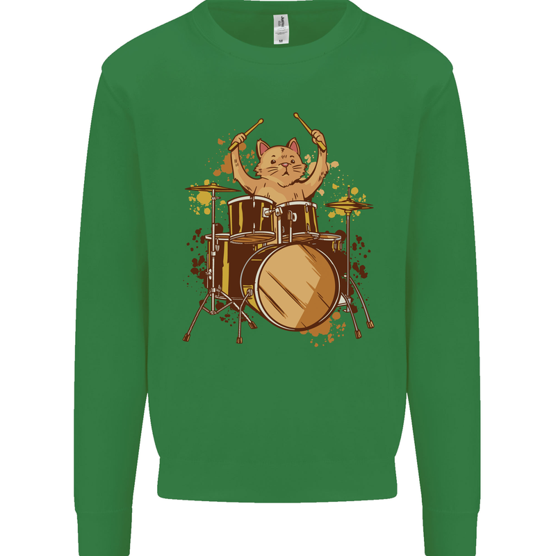 A Cat Drummer Drumming Mens Sweatshirt Jumper Irish Green