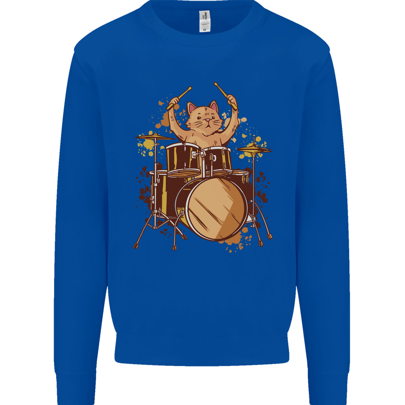 A Cat Drummer Drumming Mens Sweatshirt Jumper Royal Blue