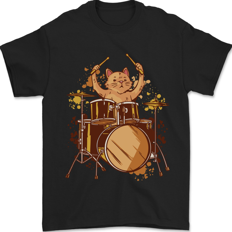 A Cat Drummer Drumming Mens T-Shirt 100% Cotton Black