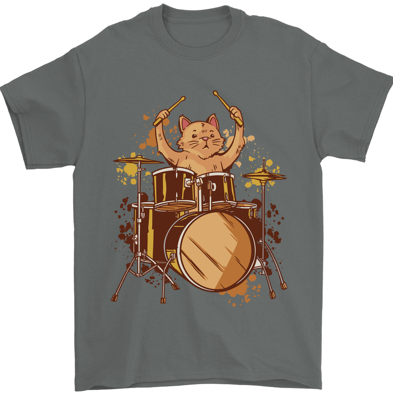 A Cat Drummer Drumming Mens T-Shirt 100% Cotton Charcoal