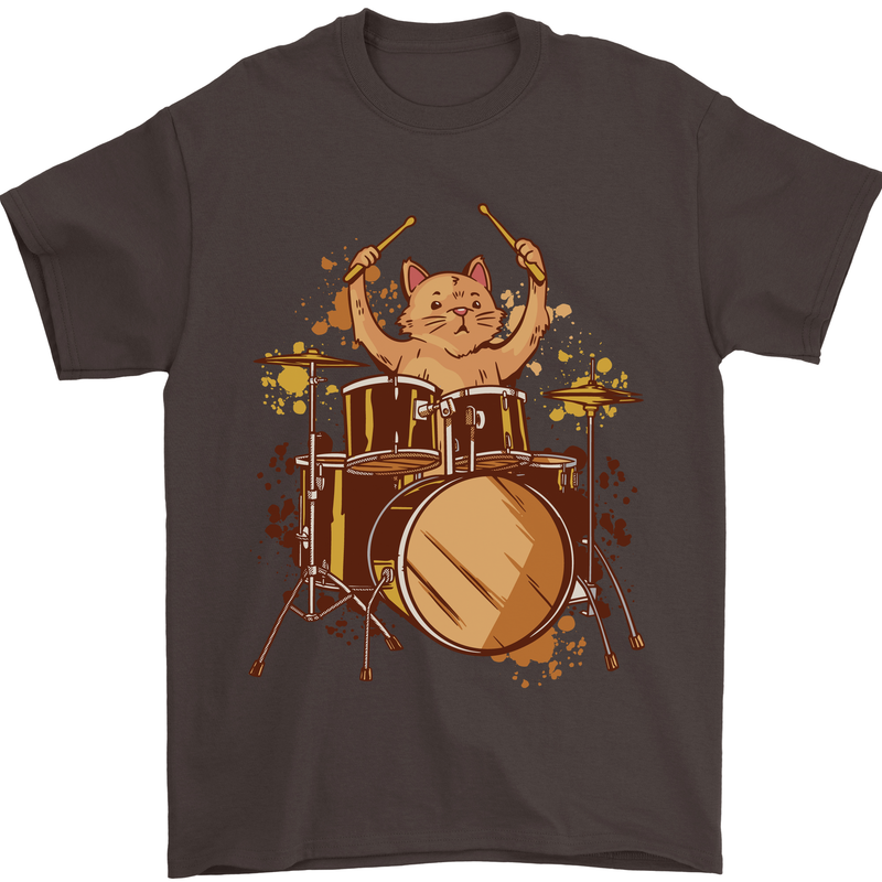 A Cat Drummer Drumming Mens T-Shirt 100% Cotton Dark Chocolate