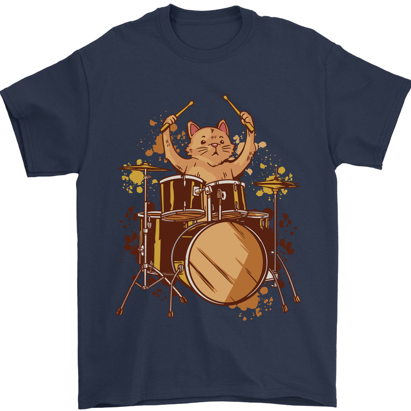 A Cat Drummer Drumming Mens T-Shirt 100% Cotton Navy Blue