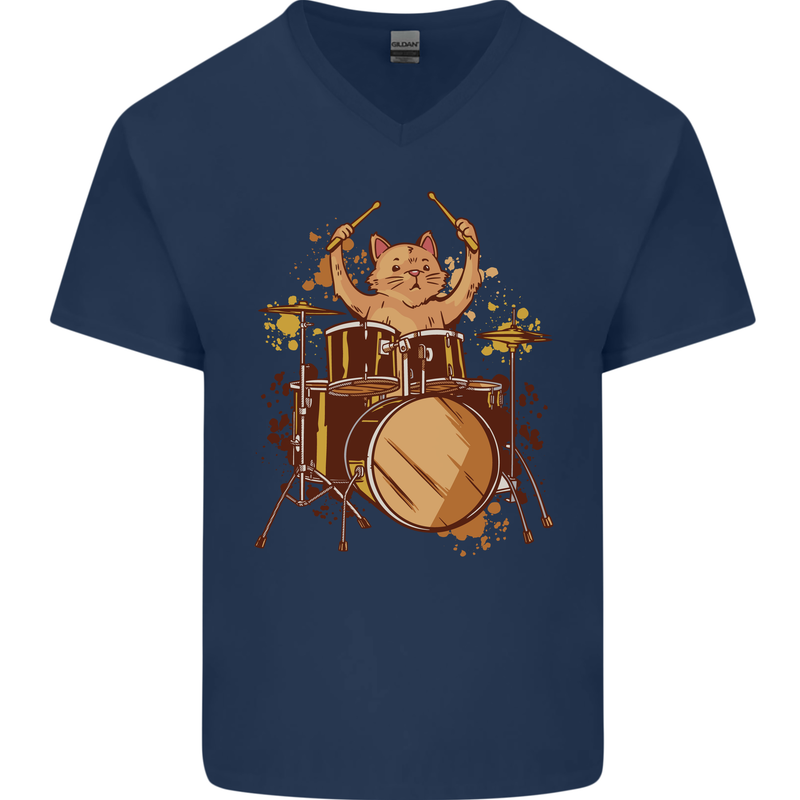 A Cat Drummer Drumming Mens V-Neck Cotton T-Shirt Navy Blue