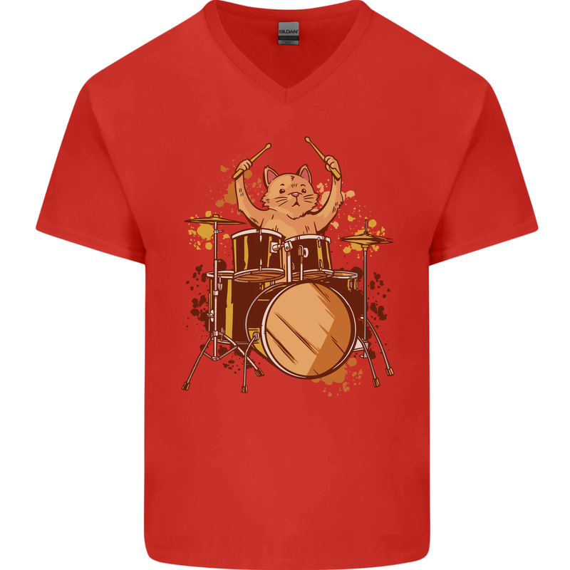 A Cat Drummer Drumming Mens V-Neck Cotton T-Shirt Red