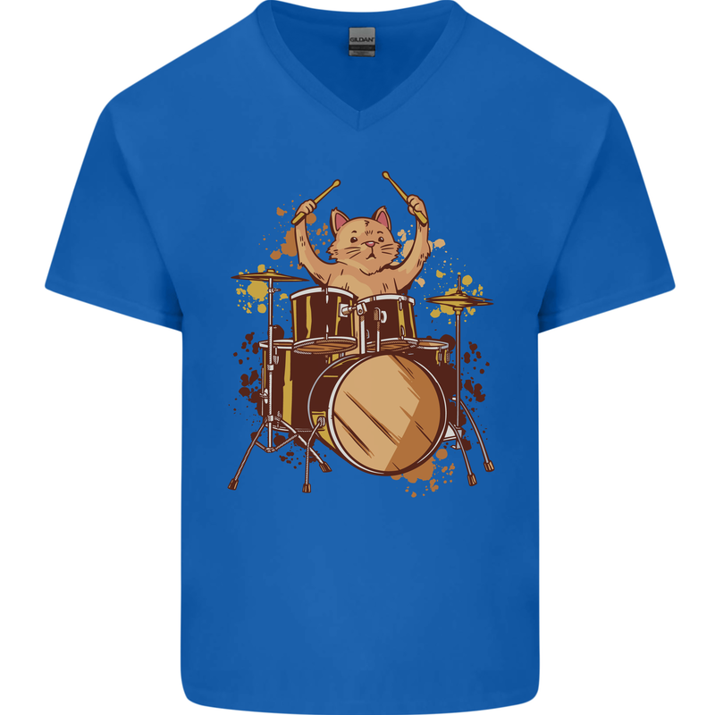 A Cat Drummer Drumming Mens V-Neck Cotton T-Shirt Royal Blue