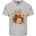 A Cat Drummer Drumming Mens V-Neck Cotton T-Shirt Sports Grey