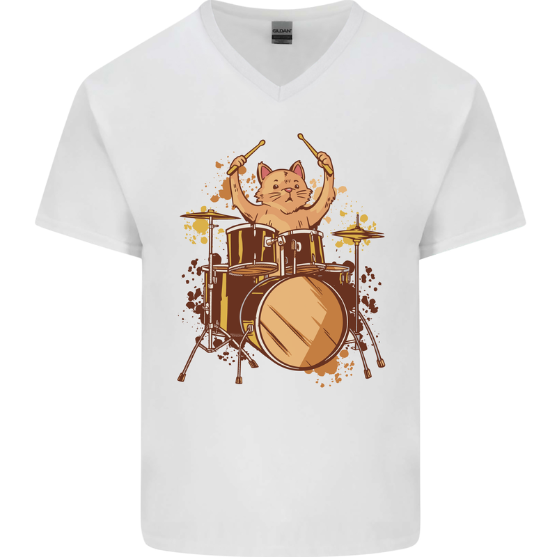 A Cat Drummer Drumming Mens V-Neck Cotton T-Shirt White