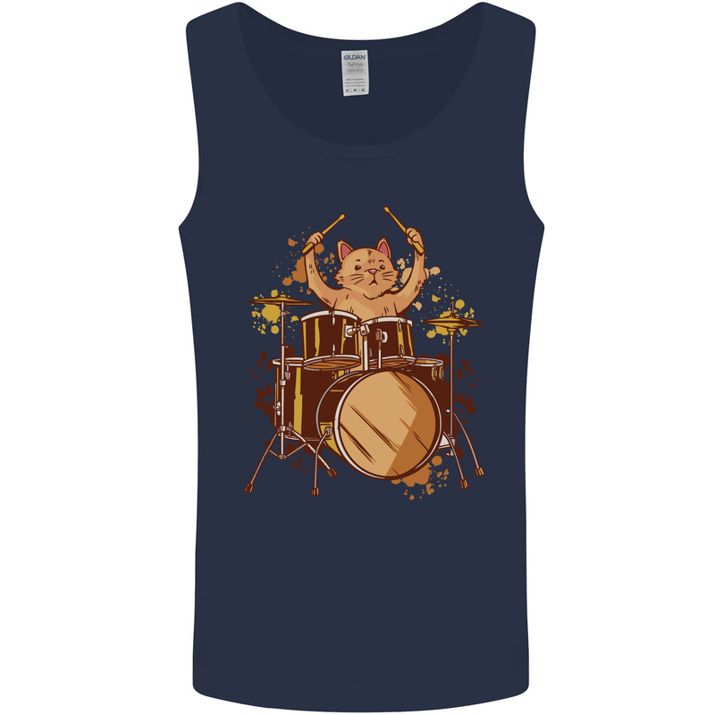 A Cat Drummer Drumming Mens Vest Tank Top Navy Blue